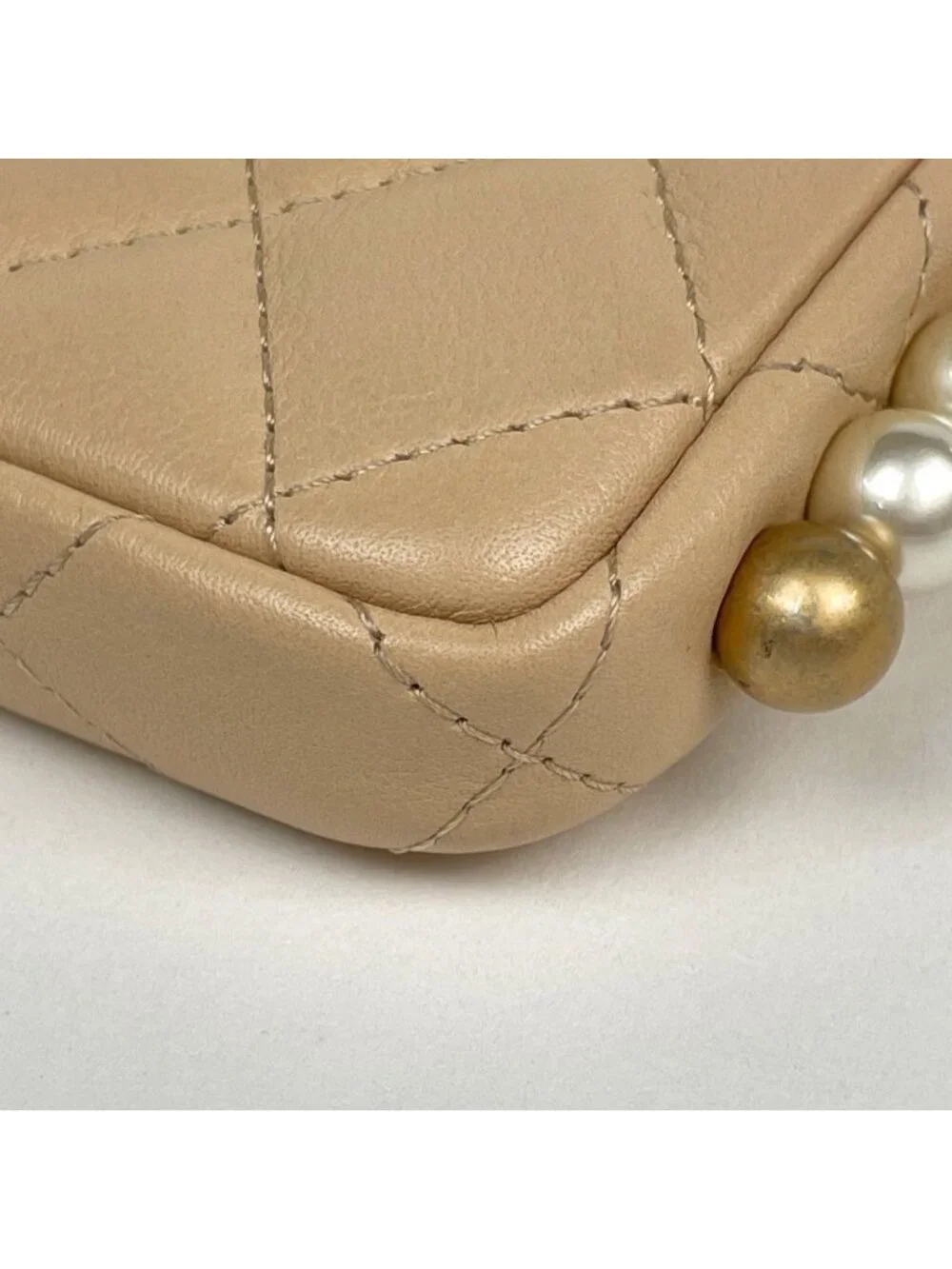 Chanel Shoulder Bag Quilted CC Logo Leather Beige